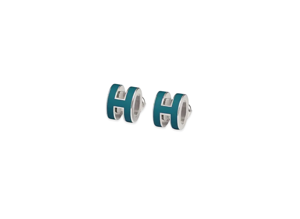 Hermes Mini Pop H Earrings "Palladium/Bleu Jean"