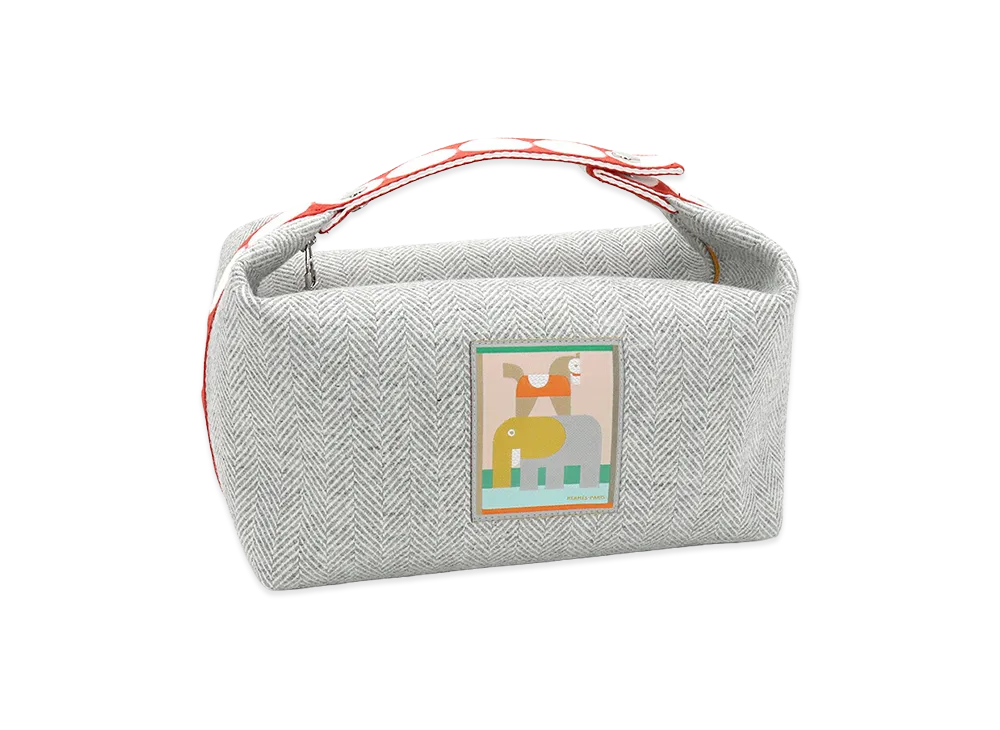 Hermes Women's Bride-a-Brac Animaux Block Toile Chevron Pouch Hand "Granite"