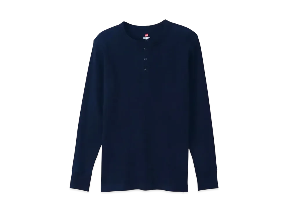 Hanes BEEFY Thermal Henry Neck Long Sleeve T-Shirt "Navy"