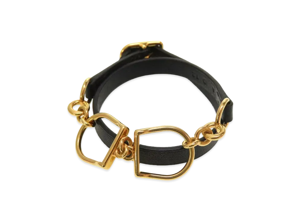 Hermes Etrier Double Tour Leather Bracelet "Black/Gold"