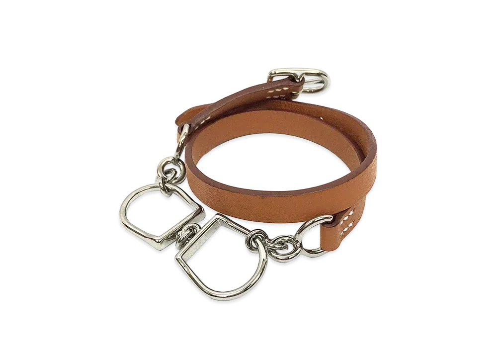 Hermes Etrier Double Tour Leather Bracelet "Brown/Silver"