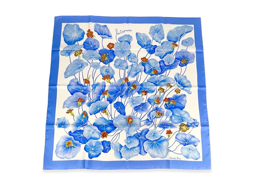 エルメス / HERMES スカーフ カレ 90 カリブ 花 鳥 青 シルク 中古