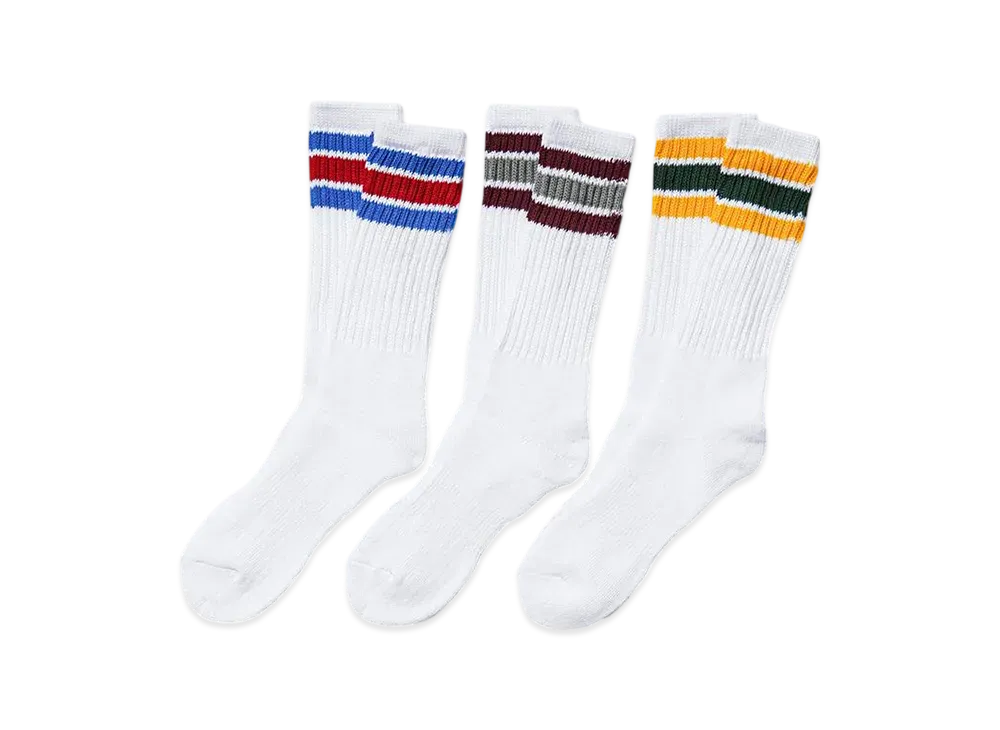 Healthknit 3-Pair Set Of 3-Color Stripe Crew Socks "Gold/Wine/Blue"