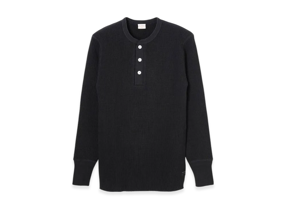 Healthknit Super Heavy Waffle Henley Neck Long Sleeve T-Shirt "Fade Black"