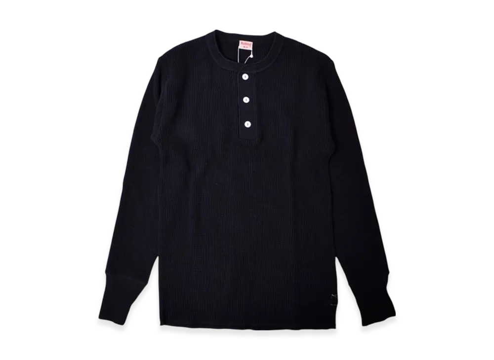 Healthknit Super Heavy Waffle Henley Neck Long Sleeve T-Shirt "Black"