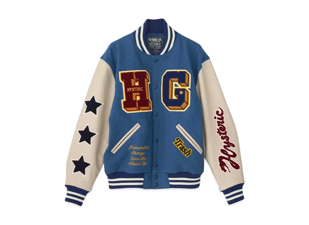 HYSTERIC GLAMOUR Turn The Music Up Embroidery Stadium Jacket "Blue"