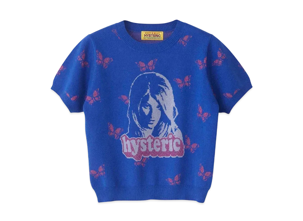 HYSTERIC GLAMOUR Butterfly Woman Head Pattern Short Length Pullover "Blue"