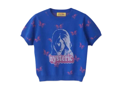 HYSTERIC GLAMOUR Butterfly Woman Head Pattern Short Length Pullover "Blue"