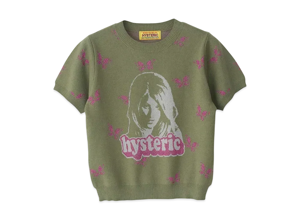 HYSTERIC GLAMOUR Butterfly Woman Head Pattern Short Length Pullover "Khaki"