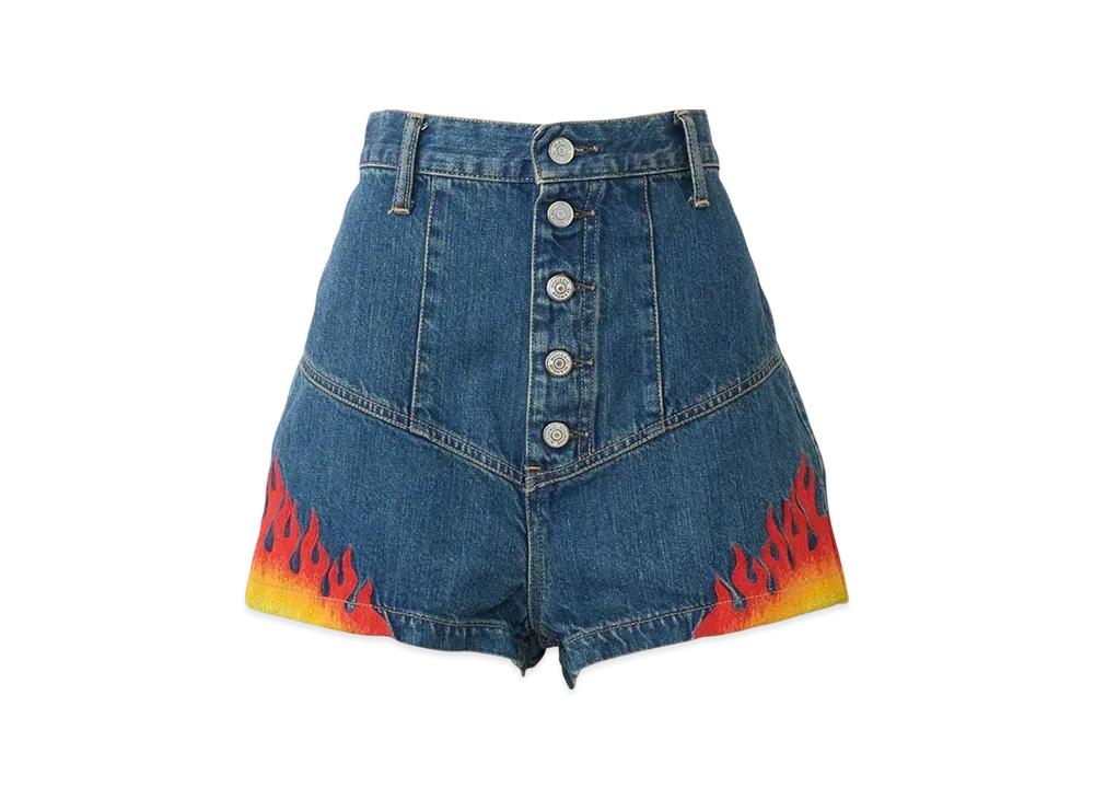 HYSTERIC GLAMOUR Fire Pattern Embroidery High-Rise Denim Shorts "Light Indigo Blue"
