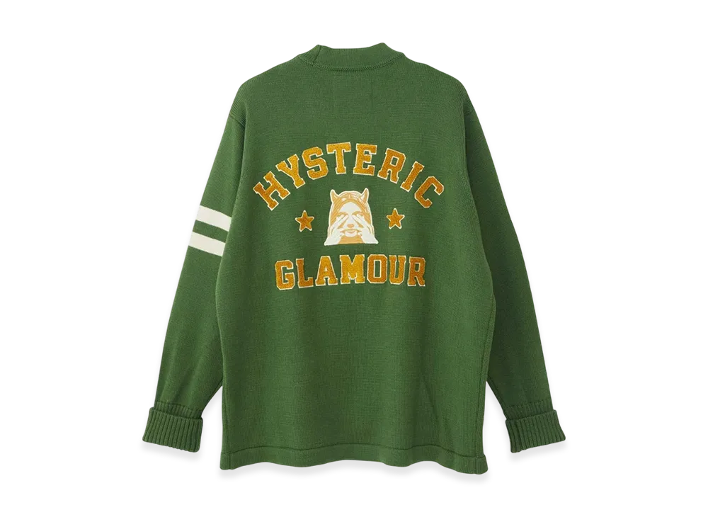 HYSTERIC GLAMOUR See No Evil Embroidered Lettered Cardigan "Green"