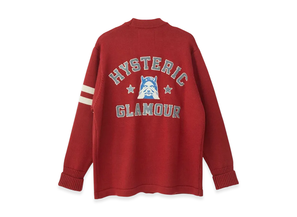HYSTERIC GLAMOUR See No Evil Embroidered Lettered Cardigan "Red"