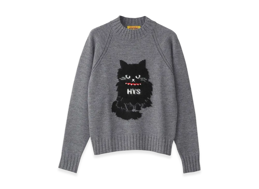 HYSTERIC GLAMOUR Black Cat Jacquard Sweater "Top Gray"