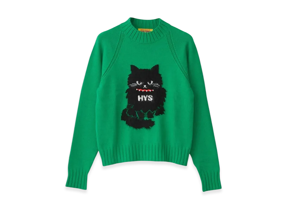 HYSTERIC GLAMOUR Black Cat Jacquard Sweater "Green"