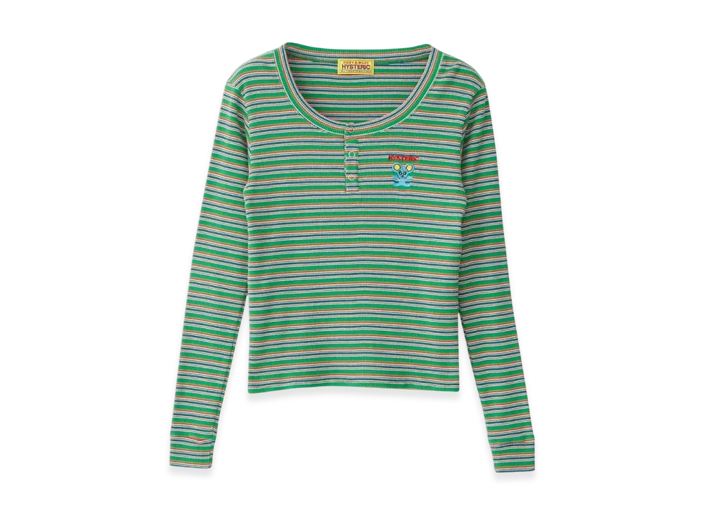 HYSTERIC GLAMOUR HYS Mouse Embroidery Henley Neck T-Shirt "Green"