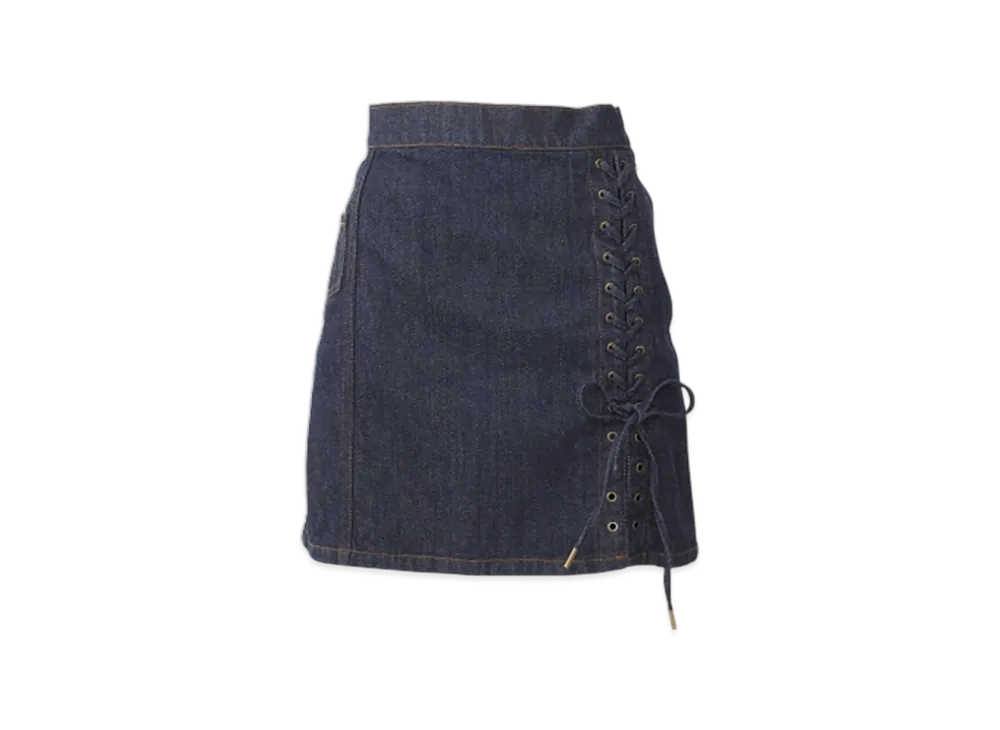 HYSTERIC GLAMOUR Apple Panda Embroidered Side Lace-Up Denim Mini Skirt "Light Indigo Blue"