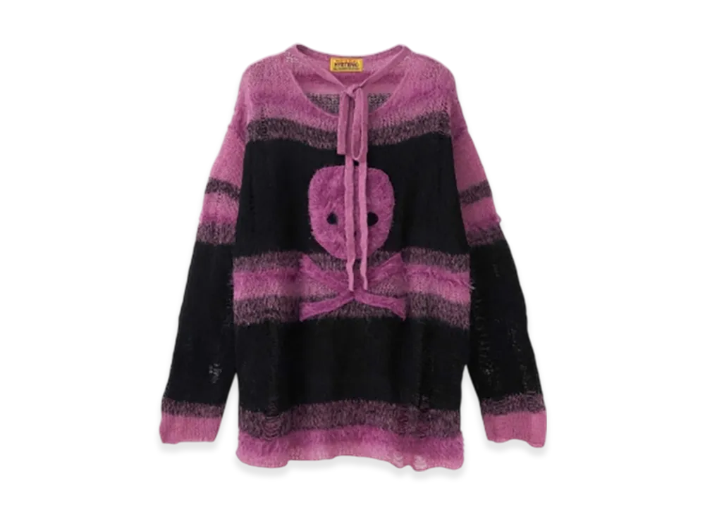 HYSTERIC GLAMOUR Skull Applique Crushed Striped Sweater "Pink"