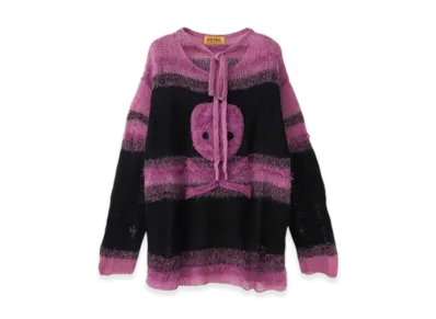 HYSTERIC GLAMOUR Skull Applique Crushed Striped Sweater "Pink"