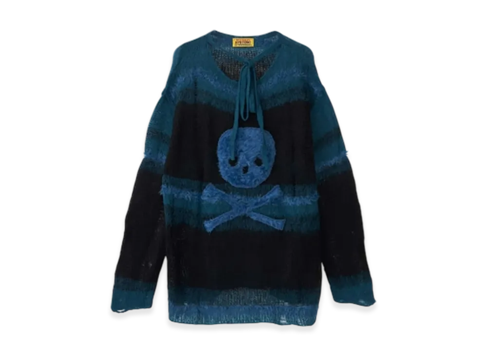 HYSTERIC GLAMOUR Skull Applique Crushed Striped Sweater "Blue"