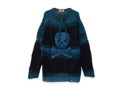 HYSTERIC GLAMOUR Skull Applique Crushed Striped Sweater "Blue"