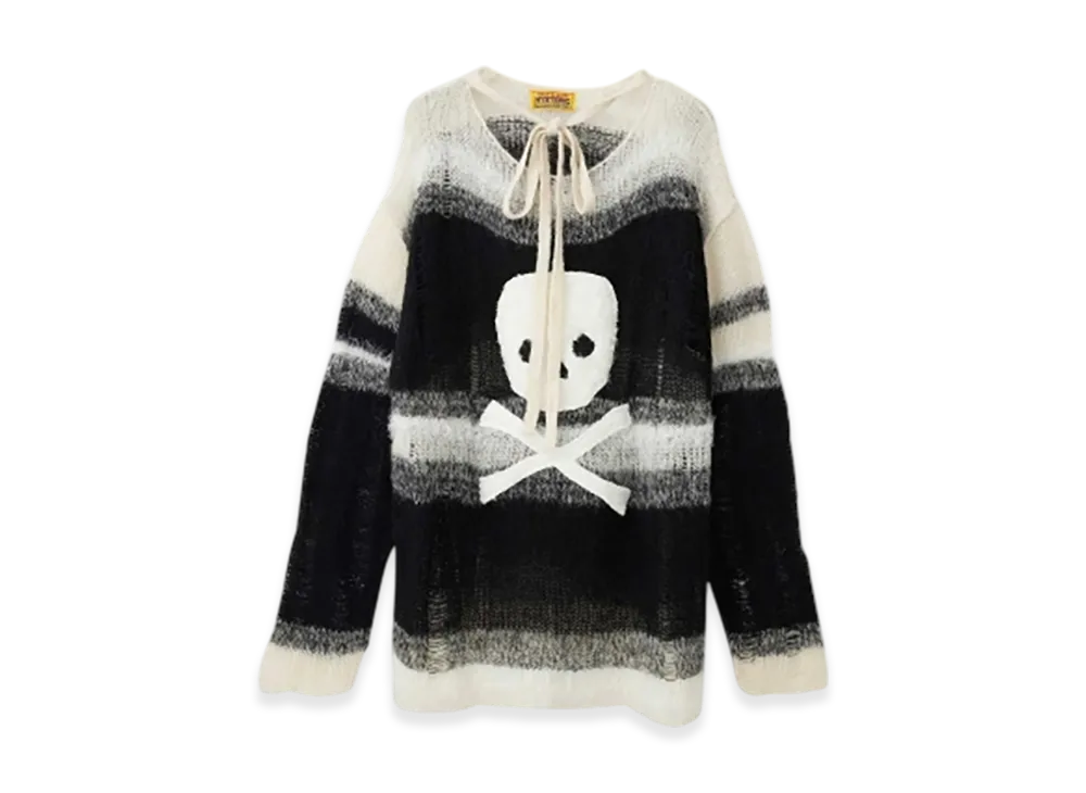 HYSTERIC GLAMOUR Skull Applique Crushed Striped Sweater "White"