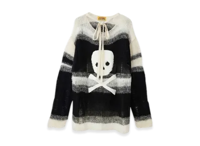 HYSTERIC GLAMOUR Skull Applique Crushed Striped Sweater "White"