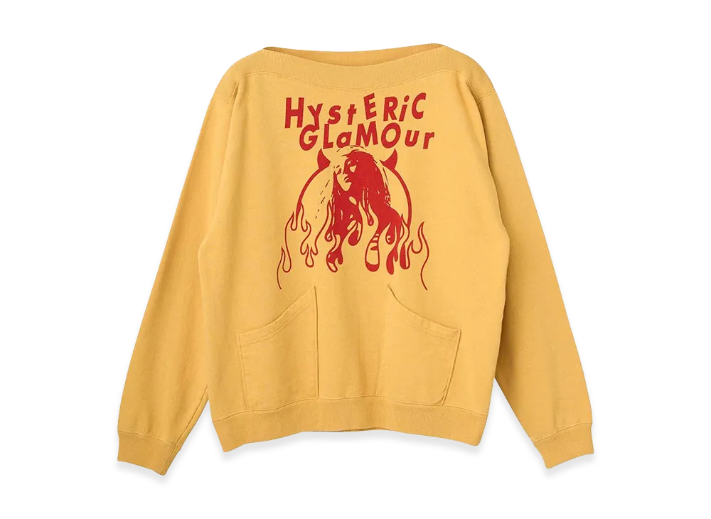 HYSTERIC GLAMOUR Fire Woman Boat Neck Sweatshirt "Yellow"