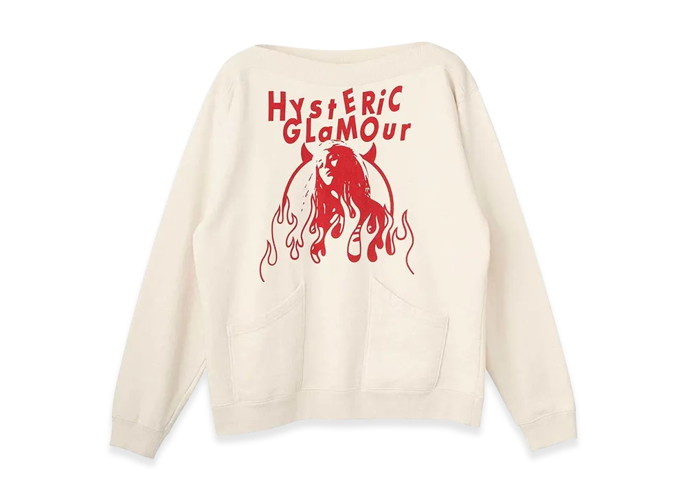 HYSTERIC GLAMOUR Fire Woman Boat Neck Sweatshirt "White"