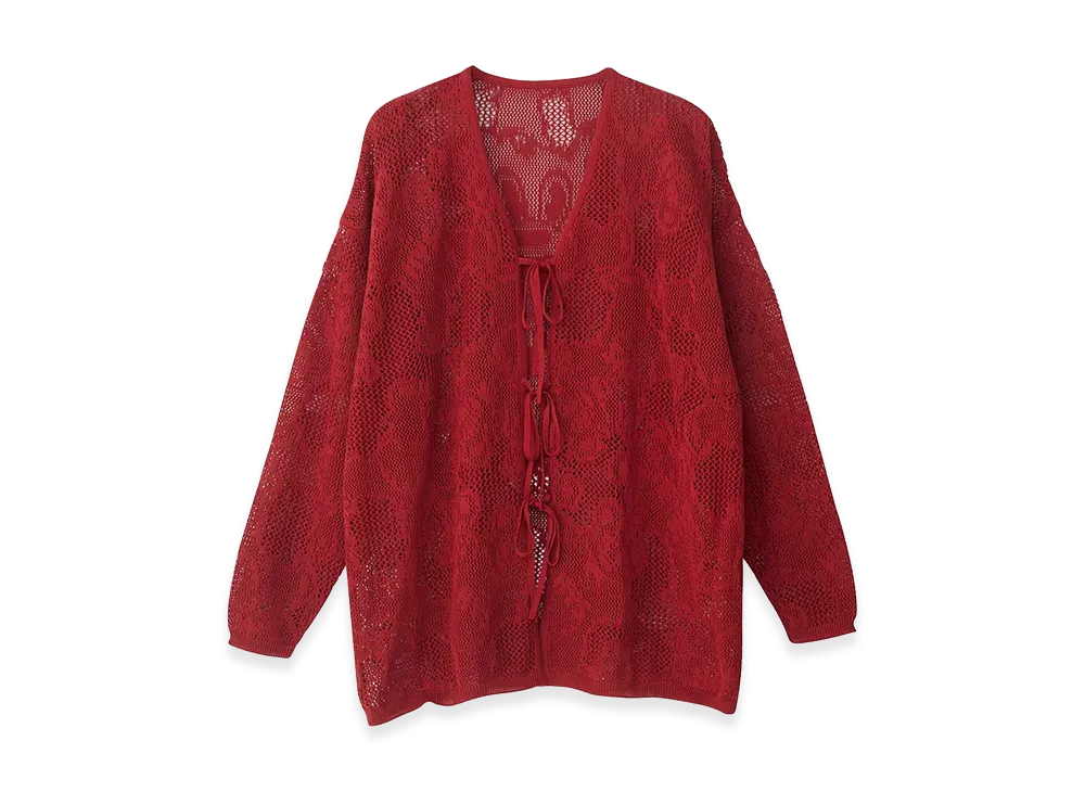 HYSTERIC GLAMOUR Fire Bear Jacquard Mesh Cardigan "Red"