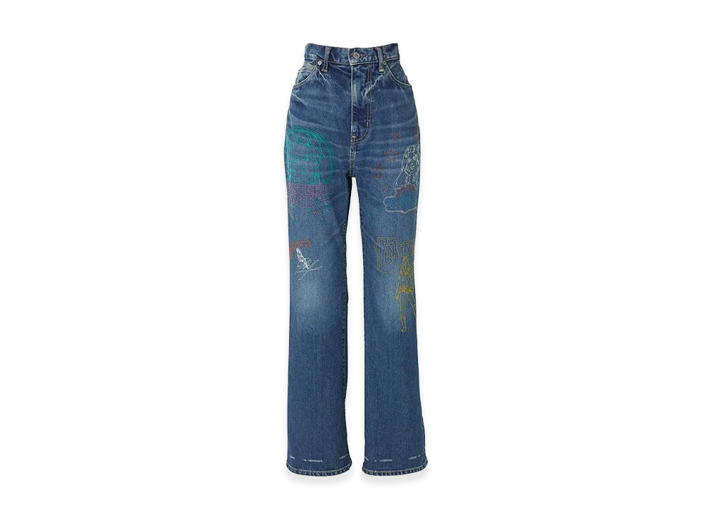 HYSTERIC GLAMOUR Women's Hysteric Woman Scratch Stitch Embroidery Denim Flare Pants "Light Indigo Blue"