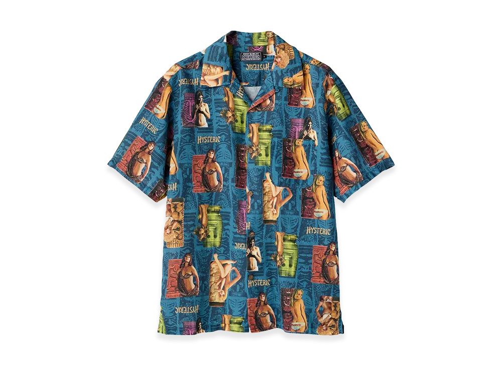 HYSTERIC GLAMOUR Tiki Bop Pattern Open Collar Shirt "Blue"