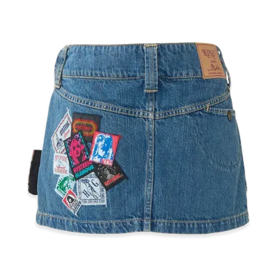 HYSTERIC GLAMOUR Women's Name Collage Low-Rise Denim Mini Skirt "Light Indigo Blue"