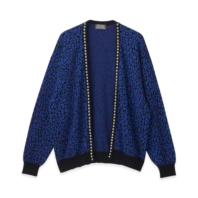HYSTERIC GLAMOUR Leopard Pattern Jacquard Studded Cardigan "Blue Other"