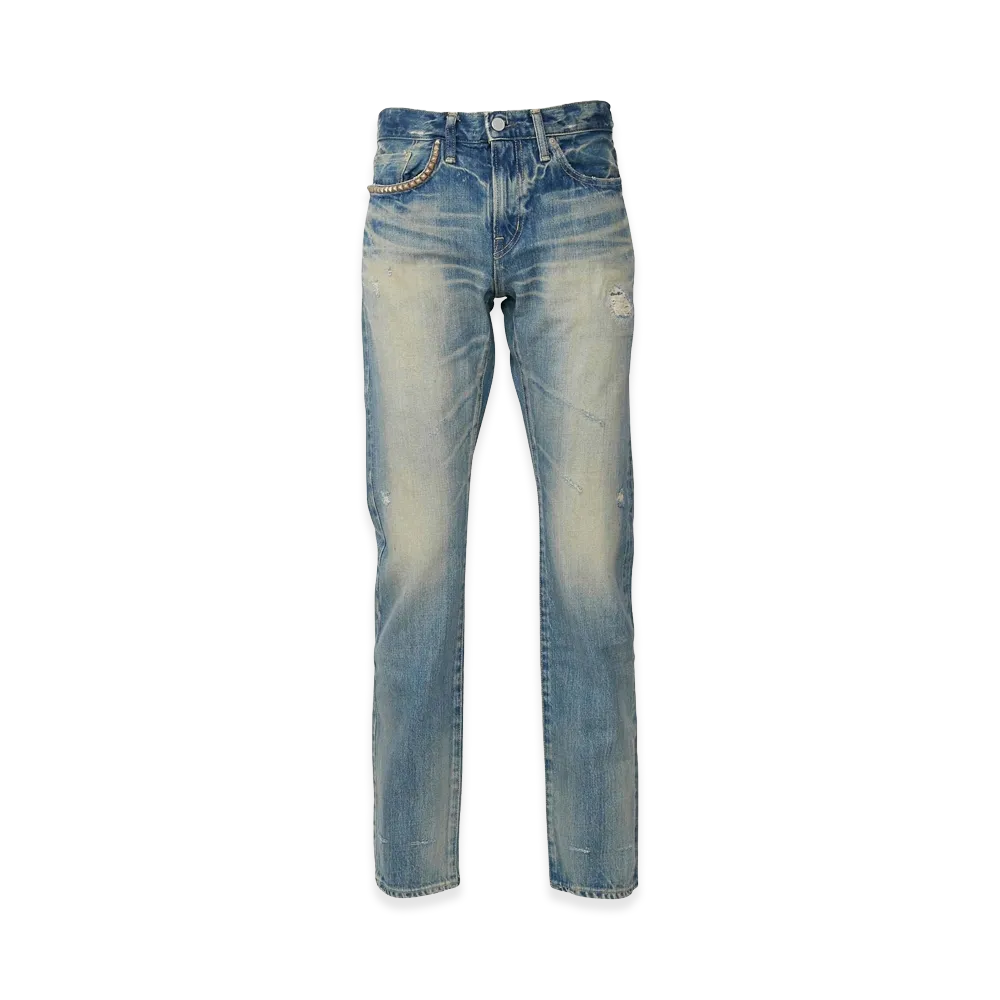 HYSTERIC GLAMOUR RW Clash Distressed Slim Straight Denim Pants "Light Indigo Blue"