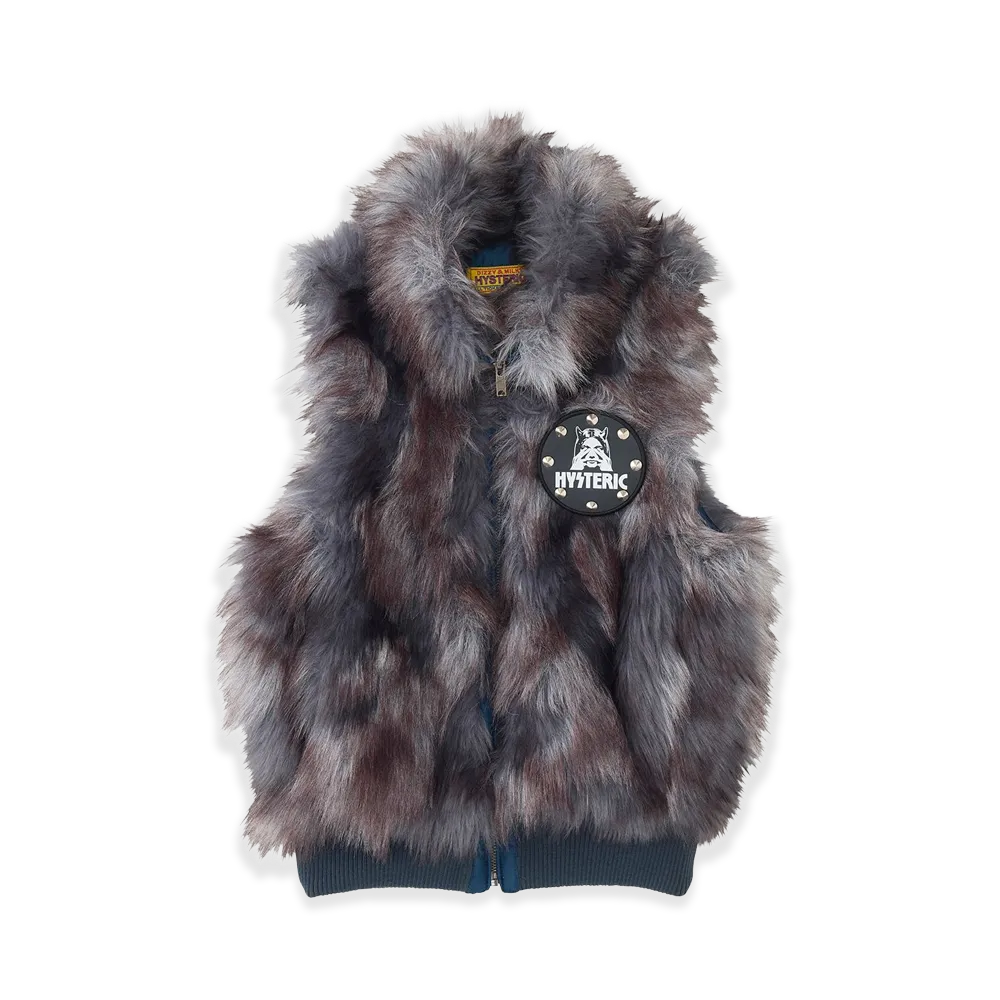 HYSTERIC GLAMOUR Women's See No Evil Patch Compact Faux Fur Vest "Navy"