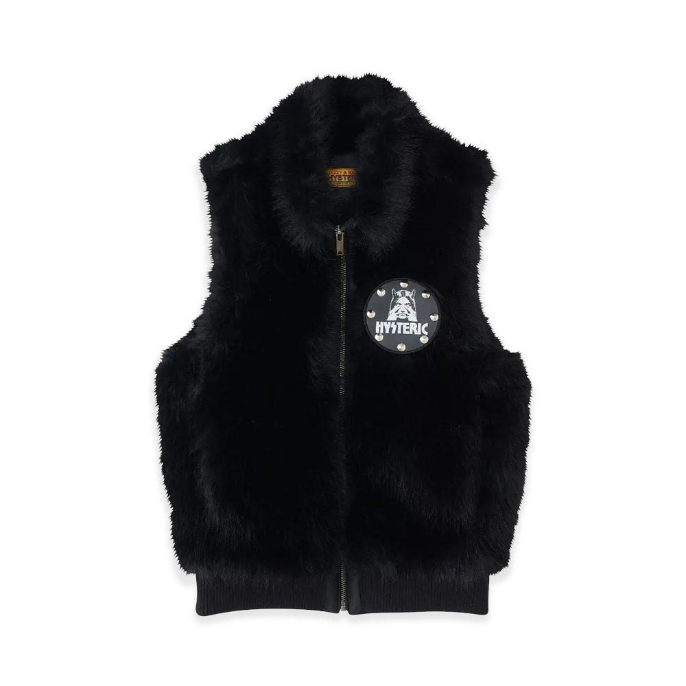 HYSTERIC GLAMOUR Women's See No Evil Patch Compact Faux Fur Vest "Black"