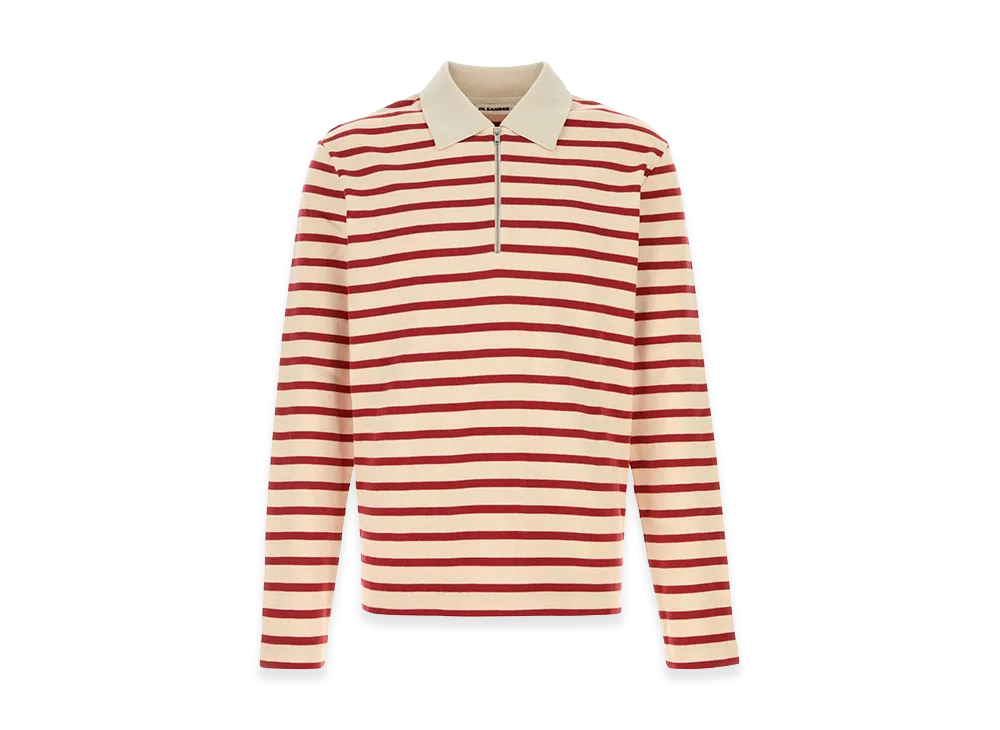 Jil Sander Embroidered Cotton Long Sleeve Polo Shirt "Red/Beige"