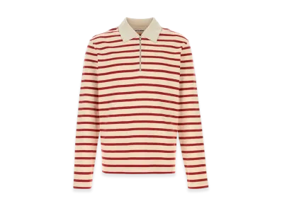 Jil Sander Embroidered Cotton Long Sleeve Polo Shirt "Red/Beige"