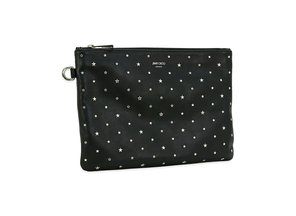 Jimmy Choo Star Stud Logo Leather Clutch Bag with D-Ring "Black/Silver"