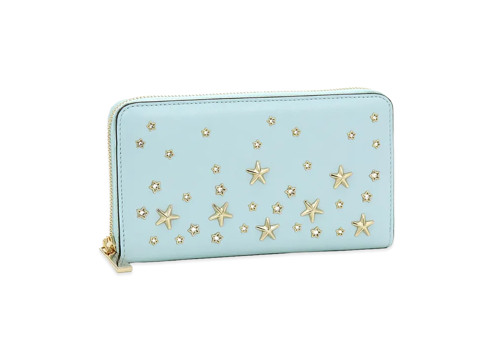 Jimmy Choo Star Stud Crystal Round Zip Long Wallet "Ice Blue"