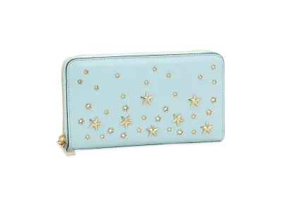 Jimmy Choo Star Stud Crystal Round Zip Long Wallet "Ice Blue"