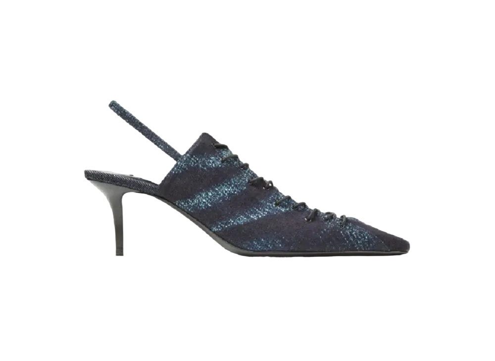 Jimmy Choo x Jean Paul Gaultier Sling Back 60 Denim Print Fabric Sling Back Pumps With Laces Limited Edition