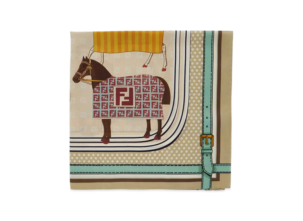 FENDI Kids Silk Blend Scarf With Horse All Over Print "Beige/Multicolor"