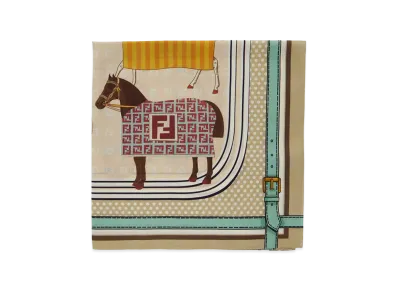 FENDI Kids Silk Blend Scarf With Horse All Over Print "Beige/Multicolor"