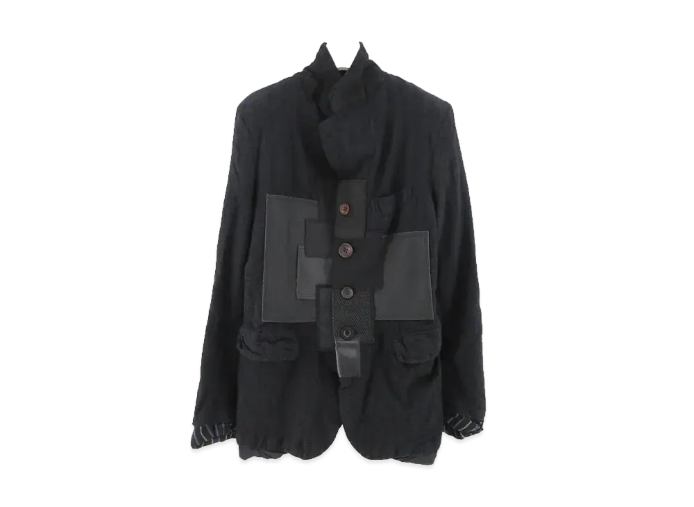 JUNYA WATANABE Wool Stripe Product Processing x Multi Material Patchwork Jacket "Black/Gray"