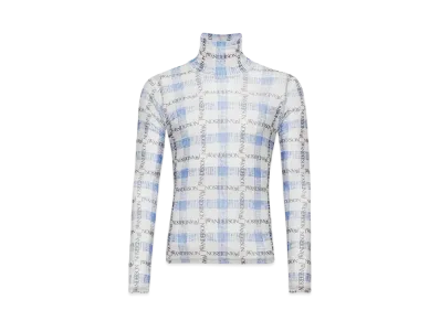 JW ANDERSON Logo Grid Check Print Long Sleeve Sheer Top "Blue"