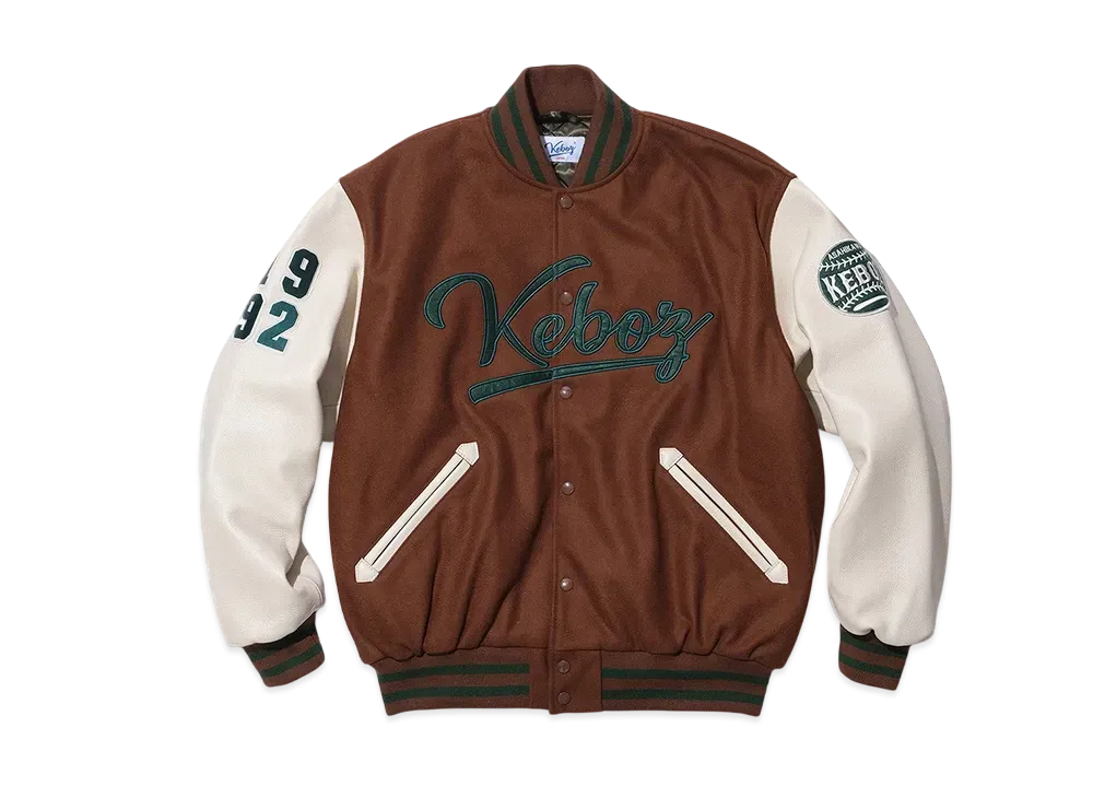 KEBOZ Melton & Leather Varsity Jacket "Brown"