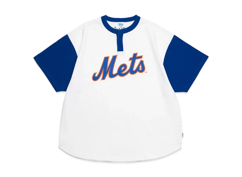 KEBOZ x MLB New York Mets Round Hem Henley Neck S/S Tee "White/Blue"