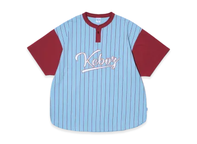 KEBOZ Stripe Henley Neck S/S Tee "Powder Blue/Crimson Red"