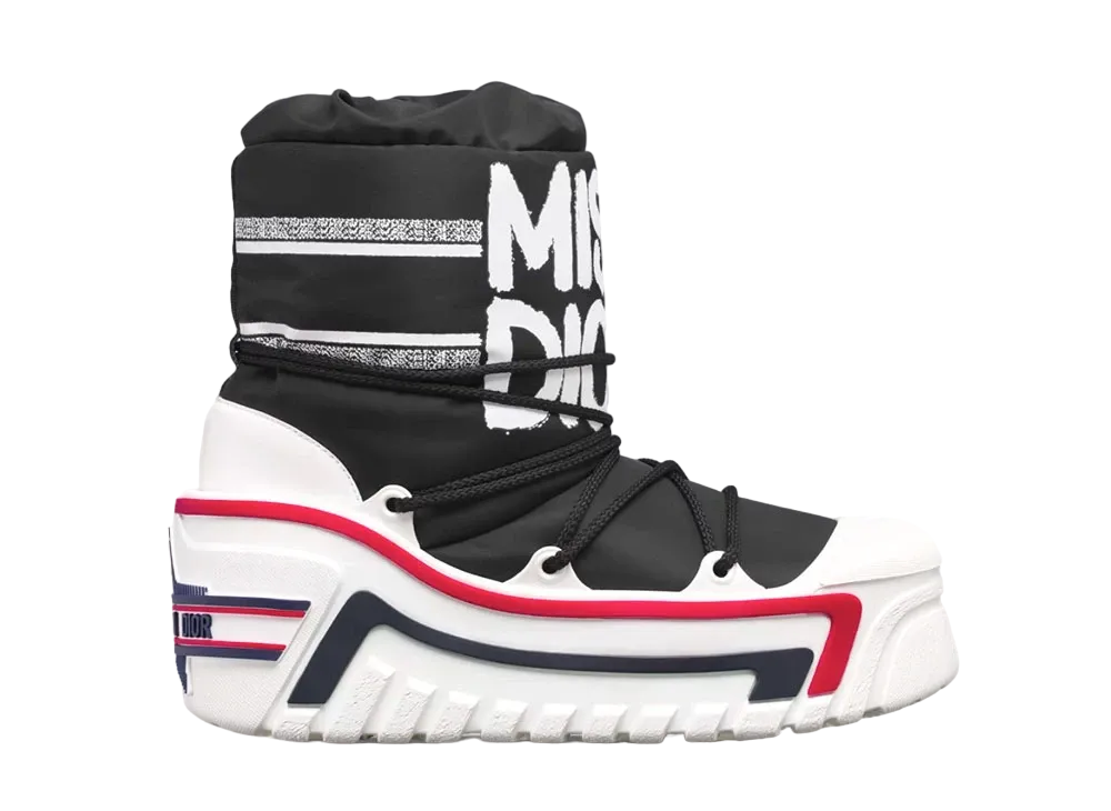 Dior Women's DiorAlps Apres-Ski Boot Shiny Nylon Printed with Miss Dior Graffiti Motif "Black/White"